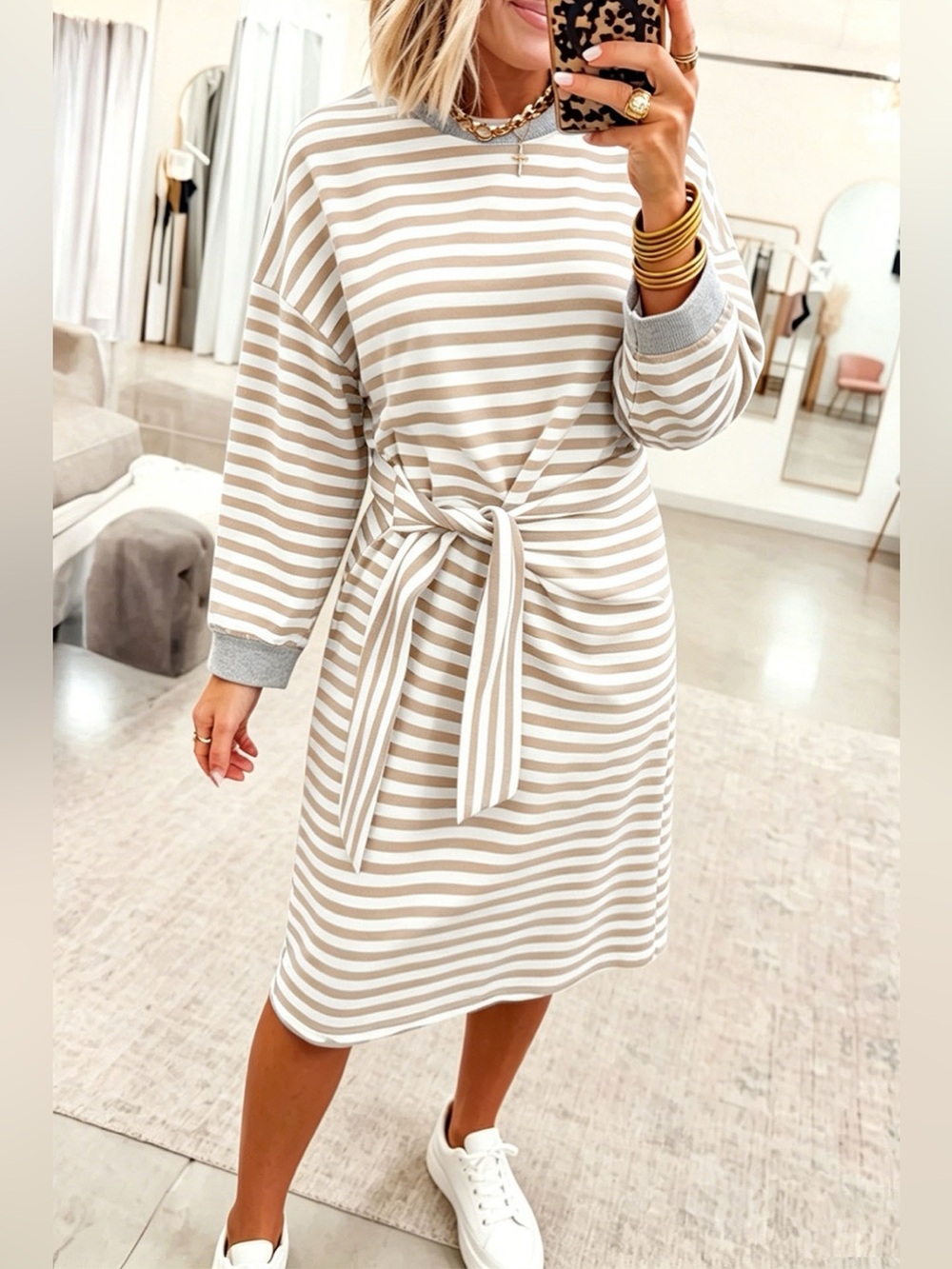 Stripe Striped Colorblock Cuffs Round Neck Long Sleeve Shift Dress